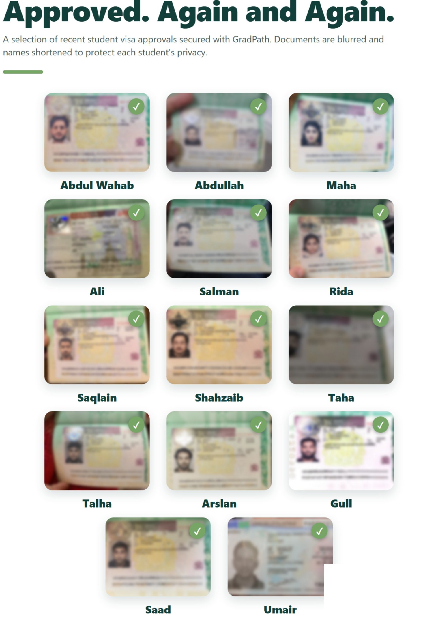 A selection of recent student visa approvals secured with GradPath. Documents are blurred and names shortened to protect each student's privacy.